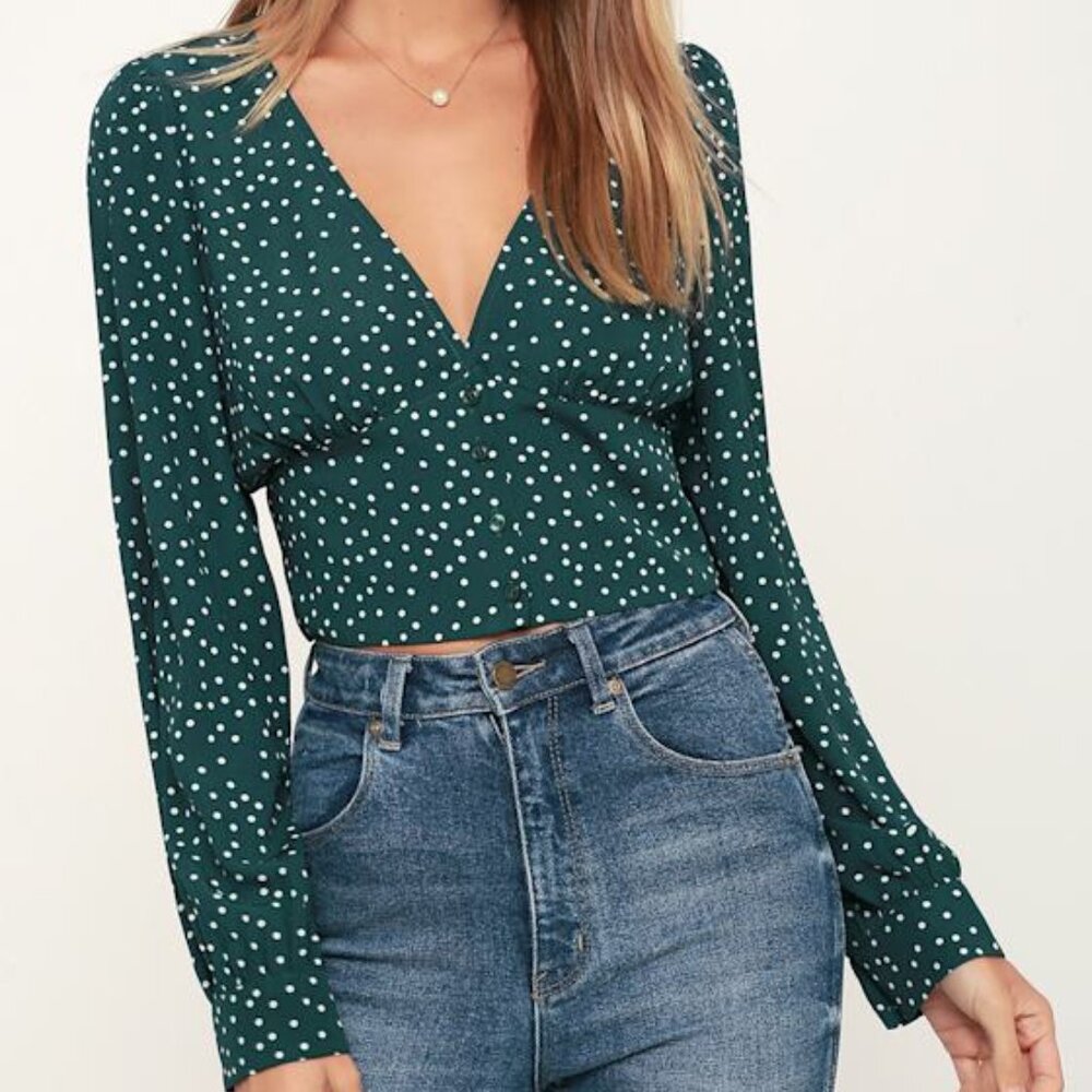 Lulus Love Always Forest Green Polka Dot Long Sleeve Crop Top - Size S